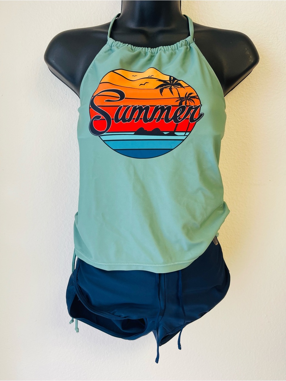 Kids Mint Green 'Summer' Halter Swim Top and Navy Shorts Set